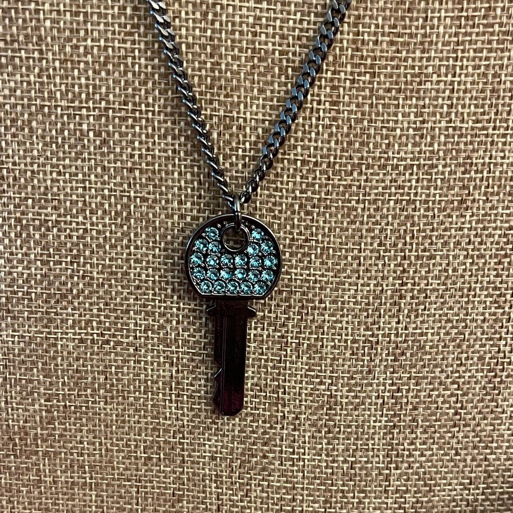 Key Pendant Necklace with Blue Crystals
